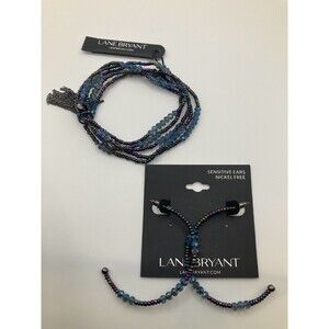 LANE BRYANT Bracelet and Earrings Set Multicolor Purple Blue Beaded NWT